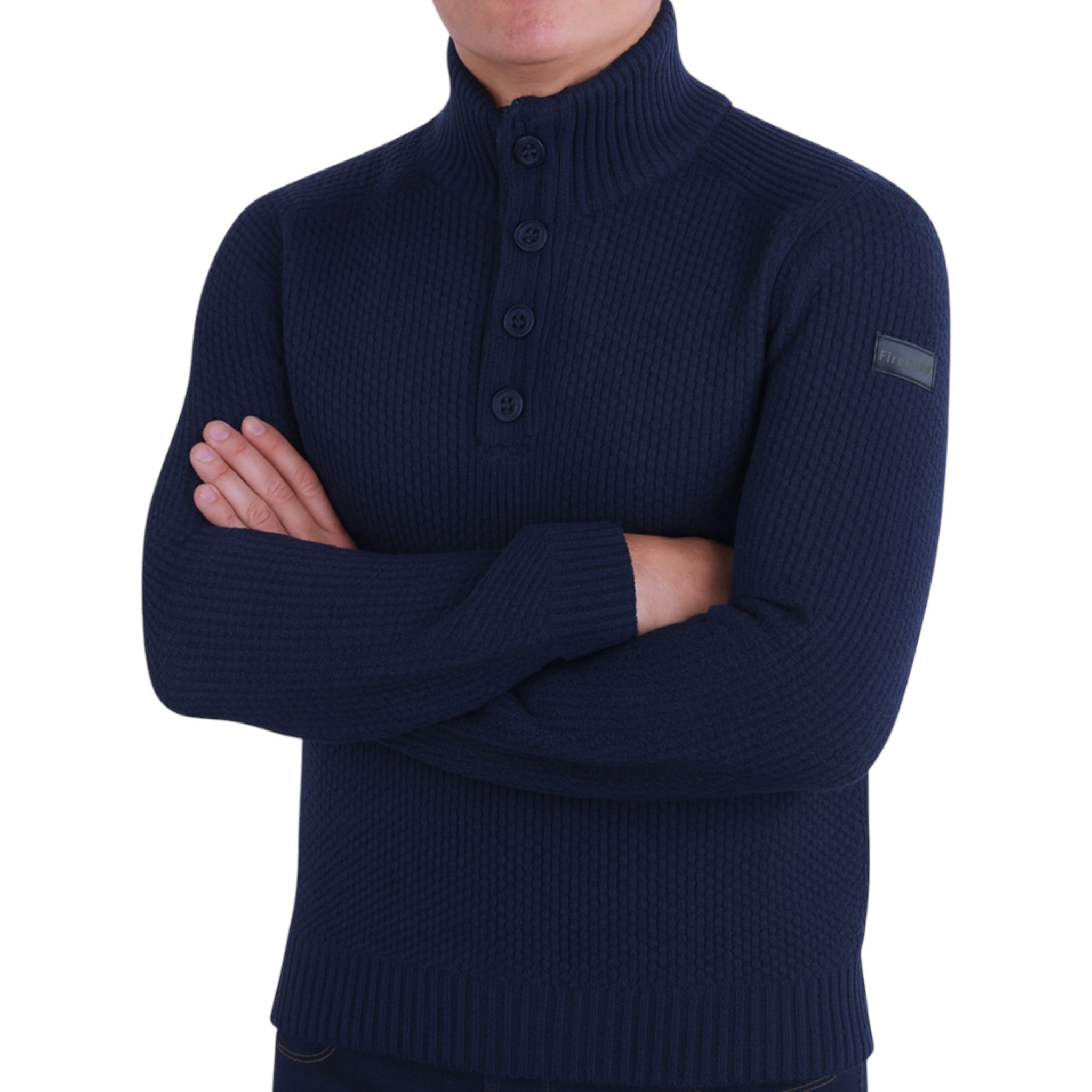 Firetrap men’s navy funnel neck jumper with button placket – ex store knit pullover